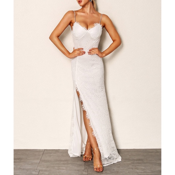White Lace Side Slit Sexy Cami Maxi Evening Dress - Picture 4 of 5